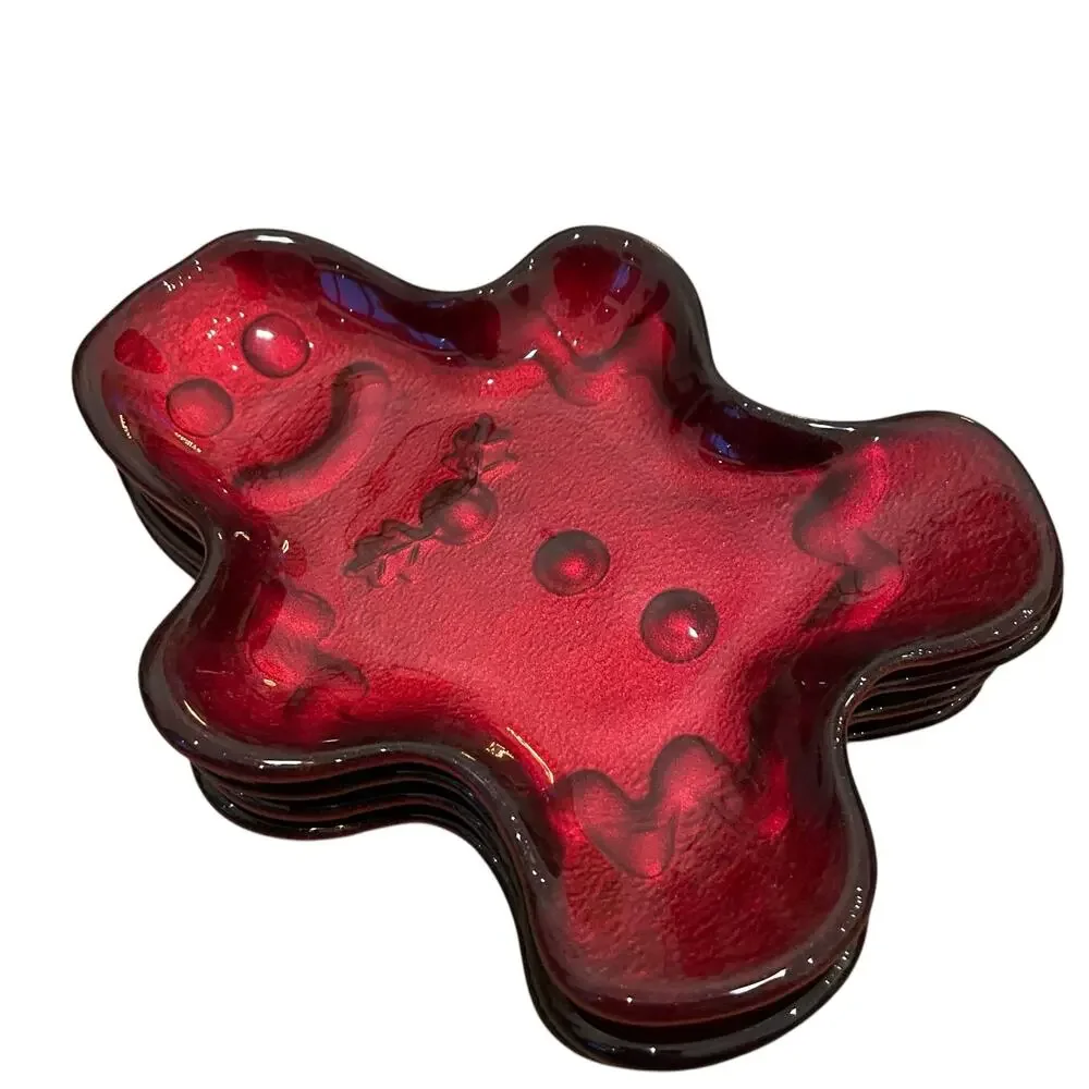 Akcam CHRISTMAS Gingerbread Man Glass Appetizer Plates Holiday Red Set of 4 New